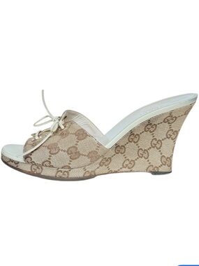 Gucci GG Monogram Open Toe Wedge Heel Slides in Beige Size 8